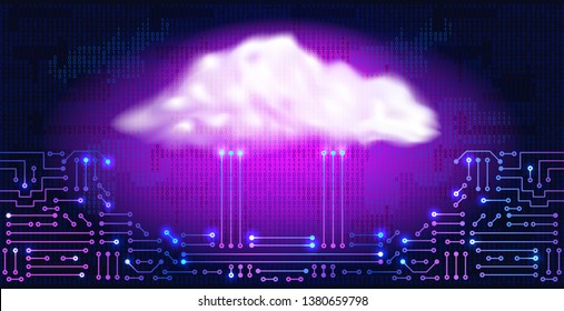 Cloud storage. Abstract ectronic circuit with digital neon cloud and binary code. Data storage concept for electronics system.