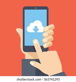 Cloud storage app on smartphone screen. User touch screen. Vector illustration