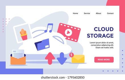 Cloud storage background of video picture music email campaign for web website home homepage landing page template banner with modern flat style