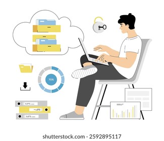 Cloud storage backup. Business cloud computing and datacenter security concept. Man administrator and developer. Vector illustration on isolated white background.	
