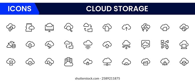 Cloud Storage and Backup Collection of Data related icons, including data storage, cloud storage data, technology services, server, Data thin line icons