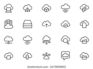 Cloud Storage Backup Collection of Data-related icons, including data storage, cloud storage data, technology services, server, Data thin line icons. Thin outline icons pack. Vector illustration