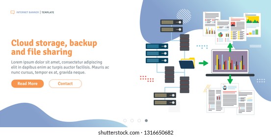 Cloud storage, backup and file sharing. Data server access, file access and data sharing. Flat design for web banner in vector illustration.