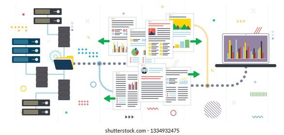 Cloud storage, backup and file sharing. Data server access, file access and data sharing. Flat design for web banner in vector illustration.