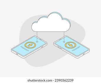 Cloud Storage Backup and File Sync Between Mobile Phones. Securely sync settings, passwords, emails, data files using cloud computing storage technology. Vector illustration on white background