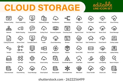 Conjunto de Ícones de Backup do Armazenamento em Nuvem - Ilustrações Mínimas de Vetor de Estrutura de Tópicos para Proteção Segura de Dados, Sincronização, Upload e Arquivos - Ícones Modernos de Linha