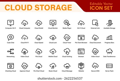 Conjunto de Ícones de Backup do Armazenamento em Nuvem - Ilustrações Mínimas de Vetor de Estrutura de Tópicos para Proteção Segura de Dados, Sincronização, Upload e Arquivos - Ícones Modernos de Linha