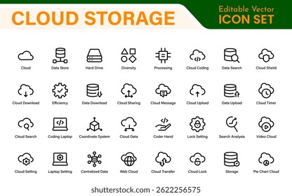Cloud Storage Backup Icon Set – Minimal Outline Vector Illustrations for Secure Data, Sync, Upload, and File Protection – Modern Line Icons