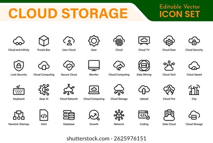 Conjunto de Ícones de Backup do Armazenamento em Nuvem - Ilustrações Mínimas de Vetor de Estrutura de Tópicos para Proteção Segura de Dados, Sincronização, Upload e Arquivos - Ícones Modernos de Linha