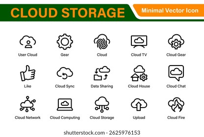 Cloud Storage Backup Icon Set – Minimal Outline Vector Illustrations for Secure Data, Sync, Upload, and File Protection – Modern Line Icons