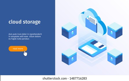 Cloud storage banner. Isometric design concept on cloud computing theme. Vector illustration mock-up for website and mobile website. Landing page template