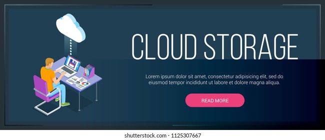 Cloud storage banner. A man working on computer storing data in the cloud storage. Isometric concept. Highly detailed vector illustration