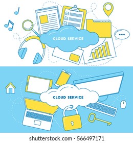Cloud storage banners. Connection with files via laptop, cellphone and PC. Searching, security, documents storage and music