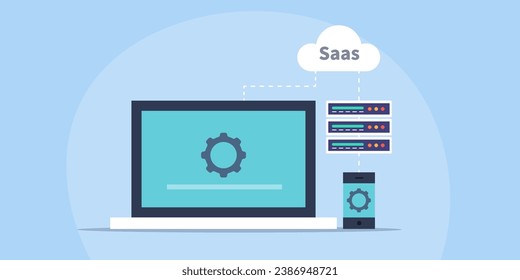 Cloud storage, Cloud based Saas software, Cloud hosting, Server, Data storage on network - vector illustration background