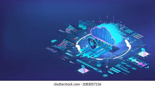 Cloud storage and big data computing in isometric. Blue web banner with online server for big data processing and computing, cloud storage, saas, network computing technologies. Vector server database