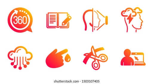 Cloud storage, Blood donation and Face id line icons set. Scissors, Mindfulness stress and 360 degrees signs. Feedback, Online education symbols. Data service, Injury. Science set. Vector