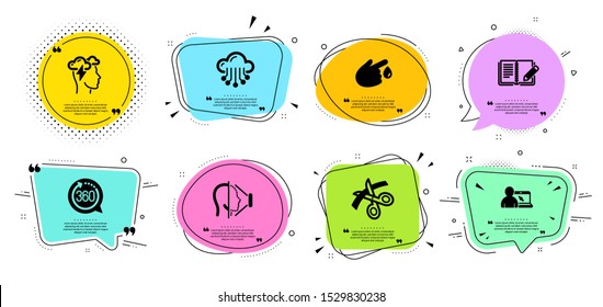 Cloud storage, Blood donation and Face id line icons set. Chat bubbles with quotes. Scissors, Mindfulness stress and 360 degrees signs. Feedback, Online education symbols. Data service, Injury. Vector