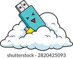 Cloud storage, cartoon USB, digital data, expressive flash drive, turquoise device, cloud computing, tech icon, flat vector illustration