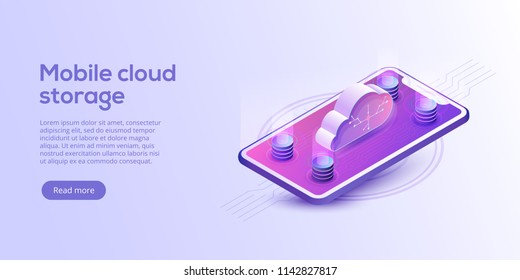 Cloud storage and cellphone download isometric vector illustration. Mobile gadget service or app with data transfering. Online computing technology. 3d server and smartphone connection network.