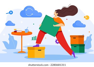 Cloud storage color concept with people scene in the flat cartoon style. Girl sorts all the information into folders to upload them to the cloud storage. Vector illustration.