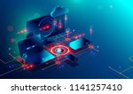 Cloud storage communication with computer, laptop, tablet and smartphone in home or work network. Online devices upload, download information, data in database on cloud services. Isometric concept.