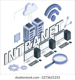 Comunicación de almacenamiento en nube con computadora, laptop, tablet y smartphone en la red doméstica o de trabajo. Los dispositivos en línea cargan, descarguen información, datos en la base de datos en servicios en la nube. Concepto isométrico.