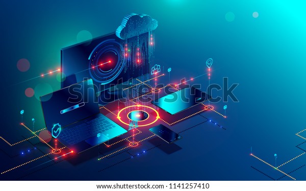 Cloud storage communication with computer,\
laptop, tablet and smartphone in home or work network. Online\
devices upload, download information, data in database on cloud\
services. Isometric\
concept.