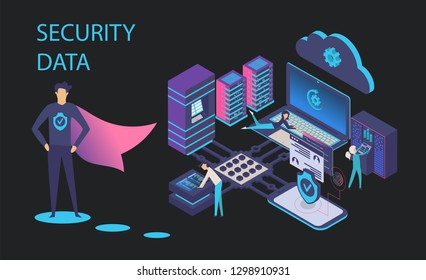Cloud storage communication with laptop and smartphone in home or work network. Online devices upload, download information, data in database on cloud services. Cyber, data security,Isometric concept