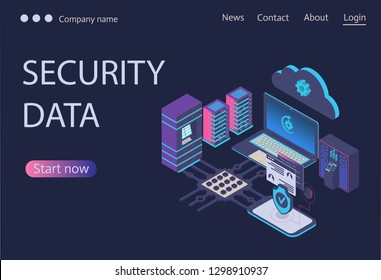 Cloud storage communication with laptop and smartphone in home or work network. Online devices upload, download information, data in database on cloud services. Cyber, data security,Isometric concept