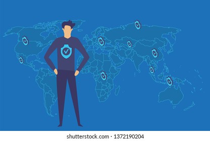 Cloud storage communication. Online devices upload, download information, data in database on cloud services. Cyber, data security,Isometric concept. World map on background. Vector illustration.