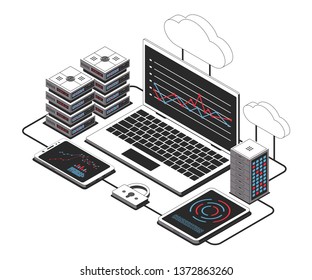 Cloud storage communication protection, laptop tablet and smartphone in network. Vector illustration