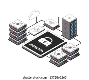 Cloud storage communication protection, laptop tablet and smartphone in network. Vector illustration