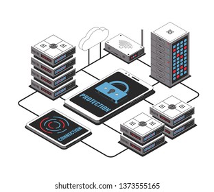 Cloud storage communication protection, laptop tablet and smartphone in network. Vector illustration