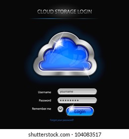 Cloud storage company login page with high glossy cloud button. Image contains transparency. 10 EPS