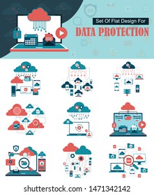 Cloud storage, cloud computing, data protection flat illustration set. Creative flat design elements and concepts for web sites, web banner, printed materials, info graphics. Modern vector illustratio