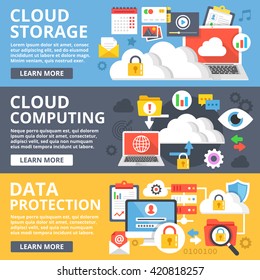 Cloud storage, cloud computing, data protection flat illustration set. Creative flat design elements and concepts for web sites, web banner, printed materials, infographics. Modern vector illustration