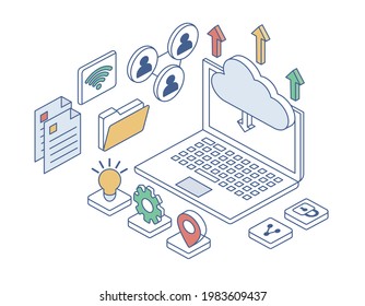 Cloud storage and cloud computing. Isometric Flat Cloud Hosting Network vector Banner Design. Online Computing Storage 3D colorful concept.