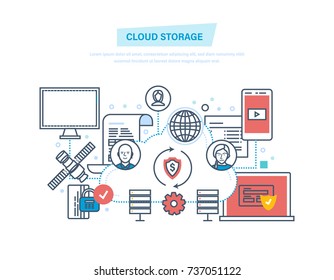Cloud storage and computing. Network cloud service. Computer device, storage security, it industry, file storage, media, graphics, data protection. Illustration thin line design of vector doodles.