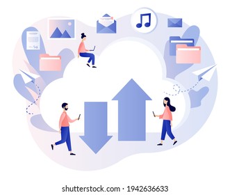 Cloud storage. Cloud computing services. Tiny people place data, music, photo, video in big cloud server. Data processing. Modern flat cartoon style. Vector illustration on white background