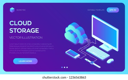 Cloud storage. Cloud Computing Technology Isometric Concept with Computer, Smartphone and Smart Watch Icons. Data transfers on Internet from gadget to gadget. Synchronization of devices. Vector.