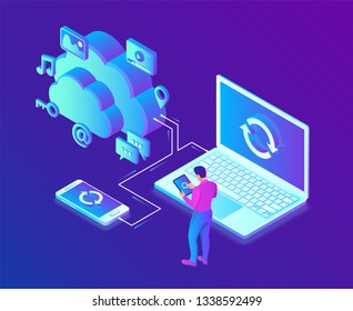 Cloud storage. Cloud Computing Technology Isometric Concept with Laptop and Smartphone Icons. User male character. Synchronization of devices. Vector illustration.