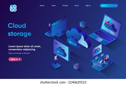 Cloud storage concept 3d isometric web landing page. People upload and transfer files using cloud technology, work with online databases and making backups. Vector illustration for web template design