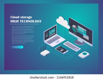 Cloud storage concept background. Computer, laptop, smartphone, wi-fi router, hard drive connection on blue background. Header for website. Isometric design. Vector illustration.