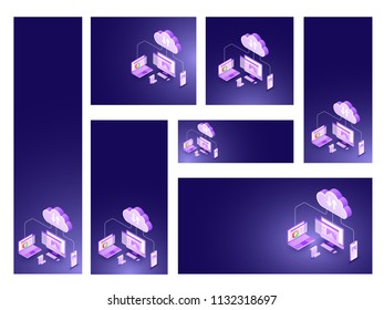 Cloud storage concept based website header or banner set in different sizes.
