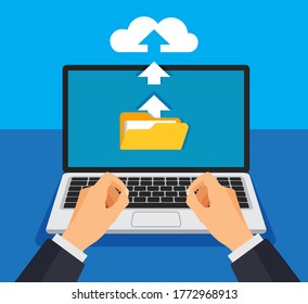 Cloud storage concept. Businessman uploads files to cloud storage on laptop. Download process. Vector illustration.