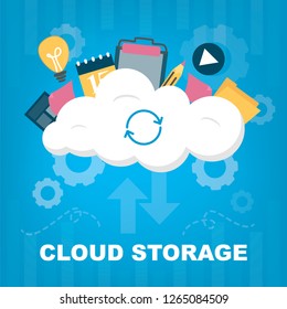 Cloud storage concept. Database and internet technology. Information on server. Protection of personal document and safety. Web banner for website.