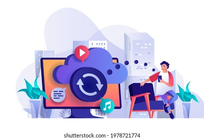 Cloud storage concept in flat design. Content storage online technologies scene template. Man uploads data to cloud service, sync or makes backup. Vector illustration of people characters activities