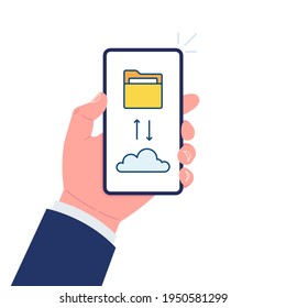 Concepto de almacenamiento en la nube. Mano con smartphone con nube y archivo en pantalla. Ilustración vectorial.
