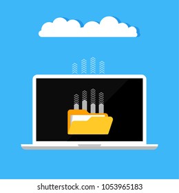 Cloud storage concept isolated on blue background. Flat design of laptop connected with cloud. Download process. Vector illustration.