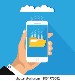 Cloud storage concept isolated on blue background. Flat design of smartphone connected with cloud. Download process. Vector illustration.